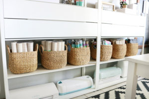 Simple & Stylish Craft Studio Organization. Pretty baskets or bins can help to keep things tidy.