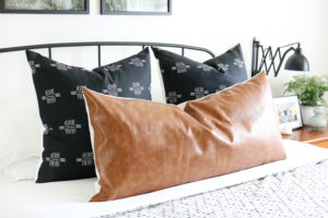 Mudcloth Inspired Fabric Pillow with Faux Leather Lumbar Pillow